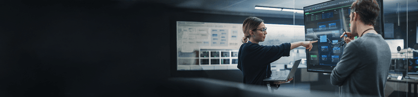 Frau mit Brille und Laptop zeigt auf ein großes Datendiagramm.