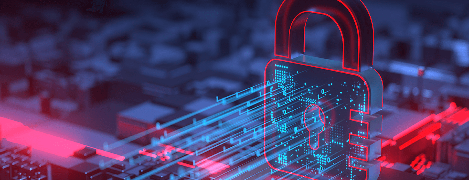  Eine digitale, leuchtend rote und blaue Visualisierung eines Vorhängeschlosses, das auf einer Computerplatine sitzt und Datensicherheit oder Cyber-Schutz symbolisiert.